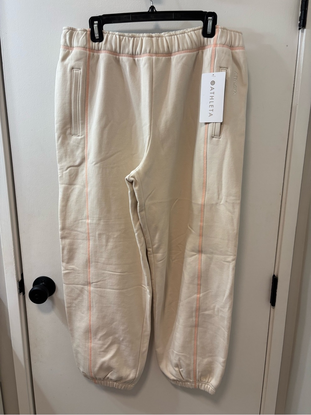 Athleta Cream Joggers with Pink Contrast Stitching